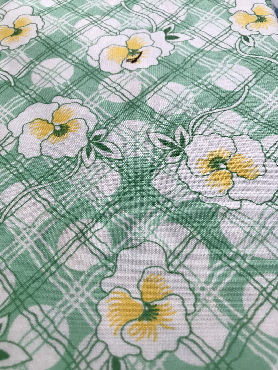 Green Yellow White Pansies 30's Repro Fabric